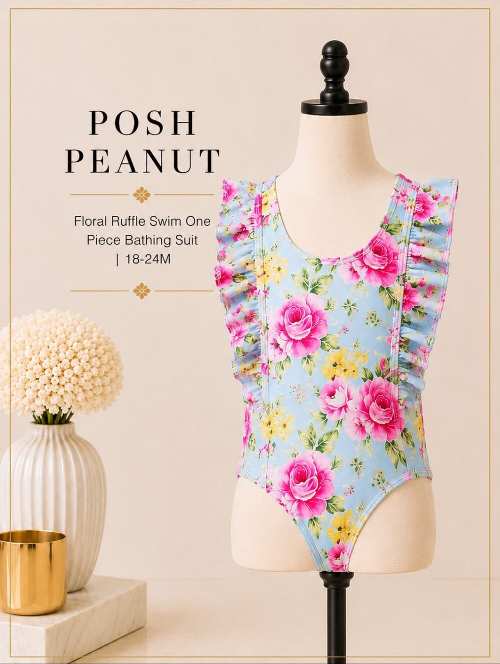 Posh Peanut Floral Ruffle Swim One Piece Bathing Suit - Pink and Blue 18-24M